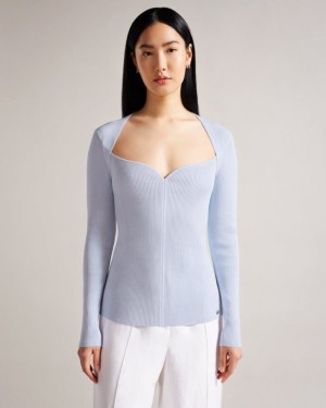 Baby Blue Ted Baker Helenh Sweetheart Neckline Knitted Top Jumpers & Cardigans | UHNXWSY-59