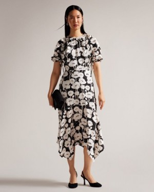 Black Ted Baker Abriee Puff Sleeve Midi Dress Dresses | UECTMQF-68