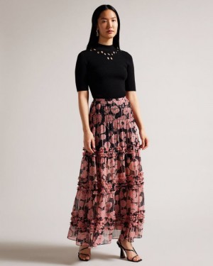 Black Ted Baker Allesaa Tiered Maxi Skirt Skirts | LSOUFQH-95