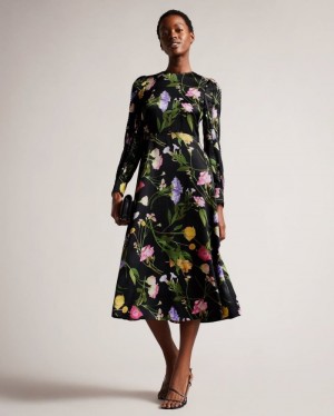 Black Ted Baker Arianya Blouson Sleeve Floral Midi Dress Dresses | RBDNJIY-78