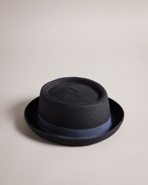 Black Ted Baker Axelly Straw Pork Pie Hat Hats & Caps | SLFEWQJ-13