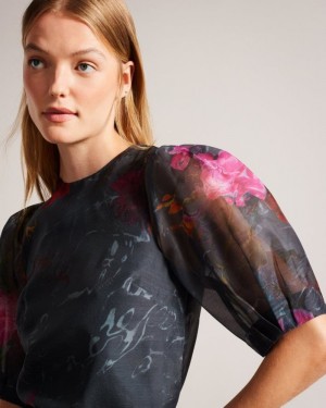 Black Ted Baker Ayymee Boxy Cropped Top with Puff Sleeve Tops & Blouses | QVYUEKG-09