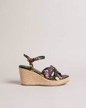 Black Ted Baker Cardima Floral Soft Knot Wedges Heels | NWQUMEO-76