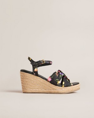Black Ted Baker Cardone Floral Espadrille Platform Sandals Heels | UGRWBQJ-20