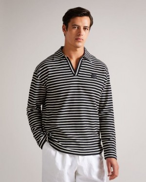 Black Ted Baker Clevely Long Sleeve Striped Polo Polo Shirts | MUOQJEV-84