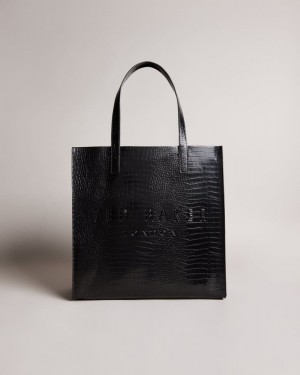 Black Ted Baker Croccon Croc Detail Large Icon Bag Tote Bags | FVOPLJE-50