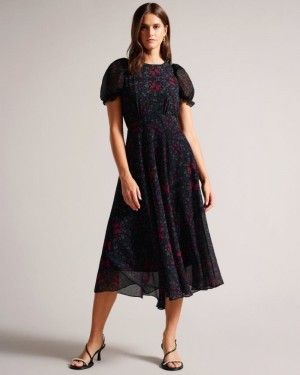 Black Ted Baker Daniaa Butterfly Print A-line Midi Dress Dresses | IODJBFY-75