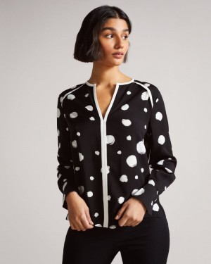 Black Ted Baker Dulani Spot Print Top With Contrast Binding Tops & Blouses | OSQLEMW-71