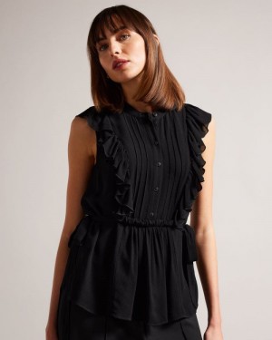 Black Ted Baker Evalie Sleeveless Frilled Top Tops & Blouses | YMQIKAZ-27