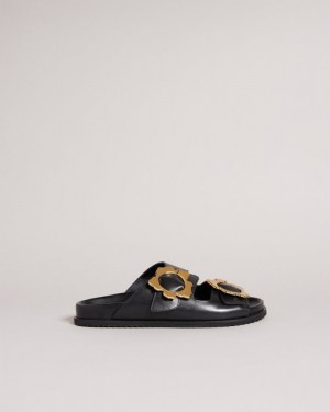 Black Ted Baker Flolah Magnolia Buckle Mule Sliders Sandals & Sliders | HSRNPXD-45