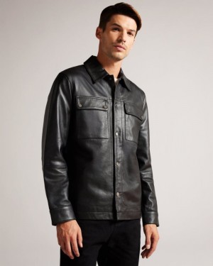 Black Ted Baker Garry Leather Shacket Coats & Jackets | PKEHGWT-30