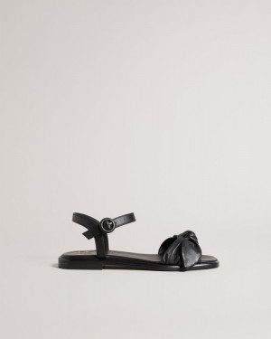 Black Ted Baker Halah Leather Bow Flat Sandal Sandals & Sliders | FTREDVU-89