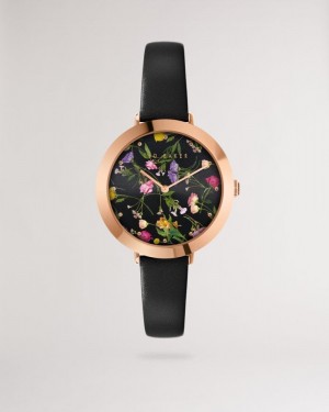 Black Ted Baker Isidoro Floral Print Watch With Leather Strap Watches | AMXKZRJ-14