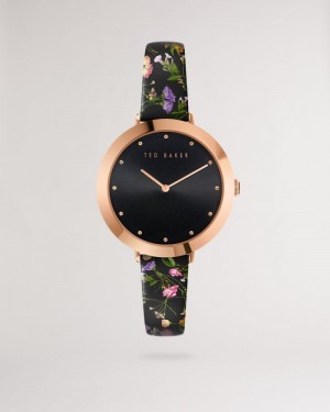 Black Ted Baker Isidory Floral Print Leather Strap Watch Watches | ESBLMQV-87