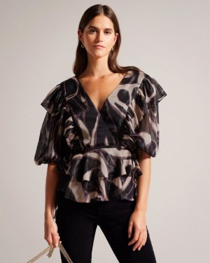 Black Ted Baker Jasmyna Ruffle V-Neck Top With Tie Waist Tops & Blouses | HFZEXNS-40