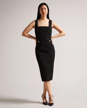 Black Ted Baker Josiaa Square Neck Military Detail Midi Dress Dresses | KBYMUHS-75