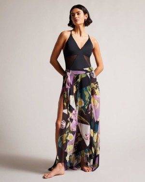 Black Ted Baker Leighen Floral Maxi Skirt Cover Up Swimwear & Beachwear | FVTZSRD-68