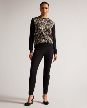 Black Ted Baker Liroi High Waisted Trousers With Faux Poppers Trousers & Shorts | EBNVHFA-19