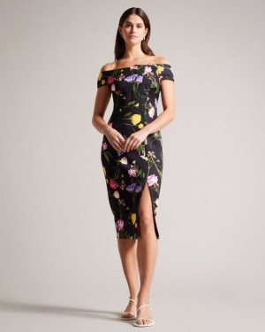 Black Ted Baker Loveina Floral Bardot Bodycon Dress Dresses | BEYRPHG-78