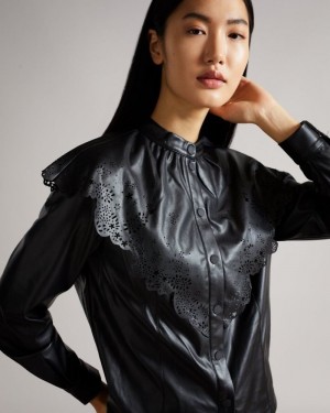 Black Ted Baker Maisson Perforated Pleather Top With Collar Tops & Blouses | ZGMQAEW-46