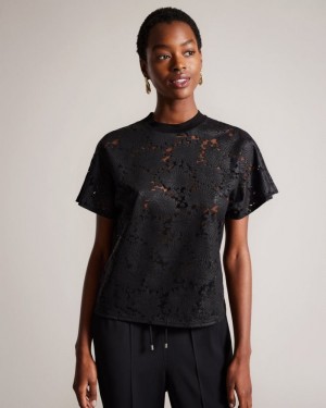 Black Ted Baker Maralo Floral Lace Relaxed T-Shirt Tops & Blouses | MQVXBCY-92
