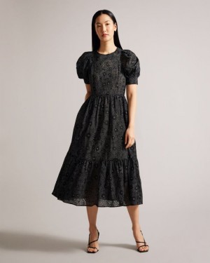 Black Ted Baker Meganie Puff Sleeve Tiered Maxi Dress Dresses | FWTJYNL-45