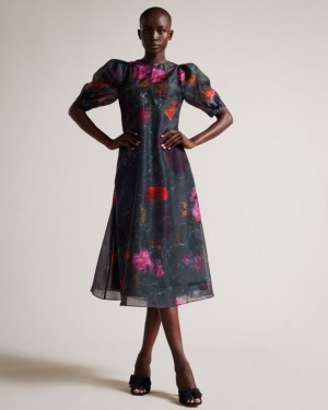 Black Ted Baker Mekayla Empire Line Midi Dress With Puff Sleeve Dresses | TMYIBNG-59