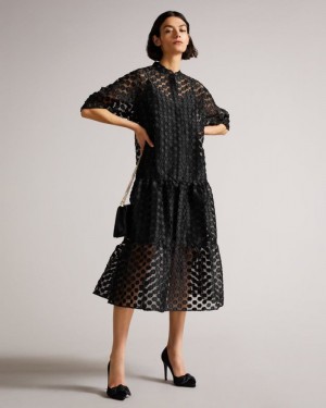 Black Ted Baker Nelanie Oversized Shirt Dress with Puff Sleeve Dresses | OLQRXIW-43