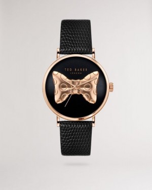 Black Ted Baker Nortia Bow Dial Leather Strap Watch Watches | ORGSHQD-04