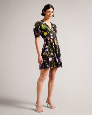 Black Ted Baker Opallie Mini Puff Sleeve Tea Dress Dresses | OEZSRLK-27