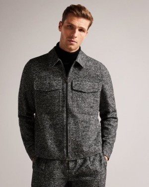 Black Ted Baker Pabay Zip Through Wool Blend Overshirt Coats & Jackets | KYUMCWH-07