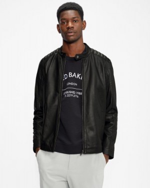Black Ted Baker Paypa Leather Jacket Coats & Jackets | QIJHWYD-09