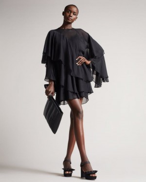 Black Ted Baker Pegasi Waterfall Ruffle Mini Dress Dresses | TQJGZDN-36