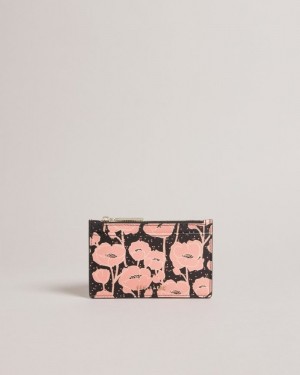 Black Ted Baker Poppsi Floral Printed Zip Card Holder Purses & Cardholders | JIREMWL-03