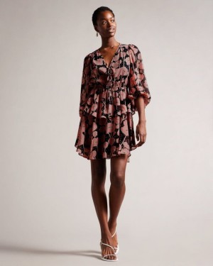 Black Ted Baker Priana Poppy Print Tie Front Mini Dress Dresses | HLRTZQO-40