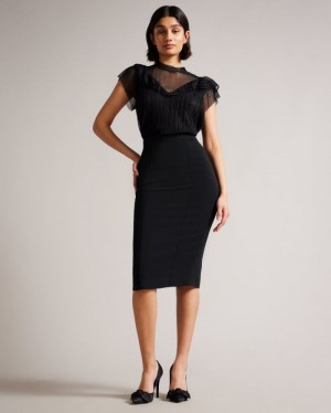 Black Ted Baker Raees Pintuck Detail Pencil Skirt Skirts | XUBWMIE-21