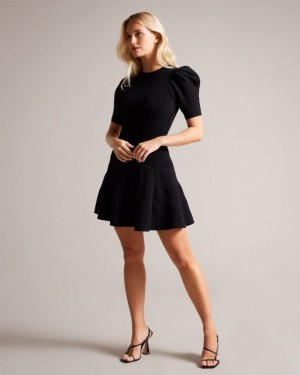 Black Ted Baker Velvey Puff Sleeve Dress With Engineered Skirt Dresses | TVSABXC-71