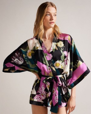 Black Ted Baker Wenddi Botanical Print Kimono Lingerie & Pyjamas | OEIUYAS-58