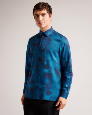 Blue Ted Baker Bentham Long Sleeve Lyocell Abstract Print Shirt Shirts | LHTOWJP-73