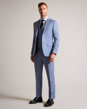 Blue Ted Baker Hernews Wool Check Waistcoat Suits | HVNARKQ-59
