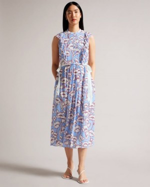 Blue Ted Baker Tindraa Sleeveless Frilled Midi Dress Dresses | QPFSBYE-15