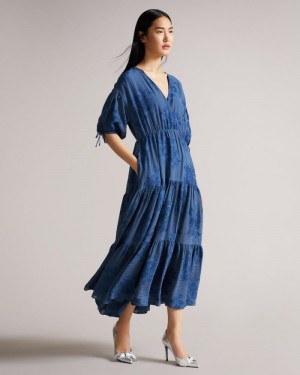 Blue Ted Baker Zilda Puff Sleeve Wrap Front Midi Dress Dresses | UDWMNIT-61
