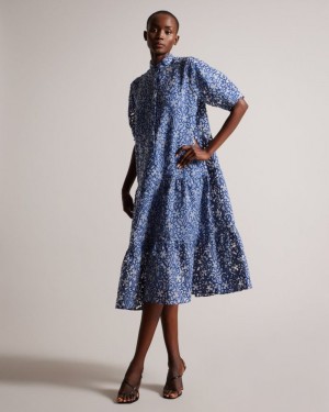 Bright Blue Ted Baker Camriyn Oversized Shirt Dress with Puff Sleeve Dresses | QKNMEDB-45