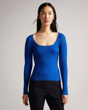 Bright Blue Ted Baker Dakoti Open Back Detailed Knit Top Jumpers & Cardigans | XRCZNSK-35