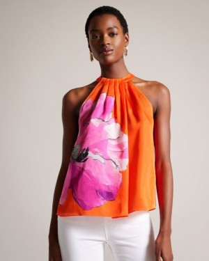 Bright Orange Ted Baker Milenaa Pleated Floral Halter Neck Top Tops & Blouses | YWTFXLI-64