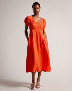 Bright Orange Ted Baker Opalz Fit And Flare Puff Sleeve Midi Dress Dresses | WZROFSU-28