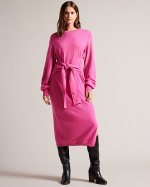 Bright Pink Ted Baker Essya Slouchy Tie Front Midi Knit Dress Dresses | VXZSRYO-85