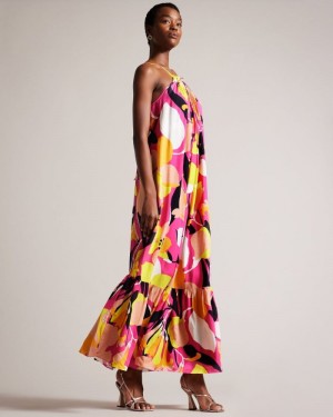 Bright Pink Ted Baker Ikella Abstract Print Pleated Halter Maxi Dress Dresses | VHINRAO-79