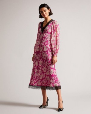 Bright Pink Ted Baker Izobele Long Sleeve Midi Dress With Lace Trim Dresses | XNEIMJV-14