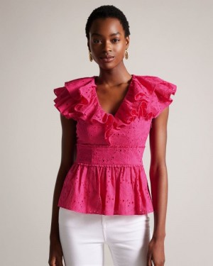 Bright Pink Ted Baker Mazieh Broderie Peplum Top Tops & Blouses | OUPLHDX-17